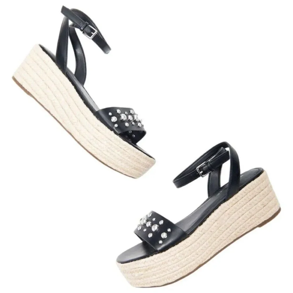 Marc Fisher Joyce Women Black Espadrille Studded Platform Slingback Sandal Size